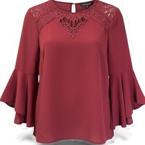 41 Hawthorn Isabella Lace Front Blouse Burgundy Small Bell Sleeves New